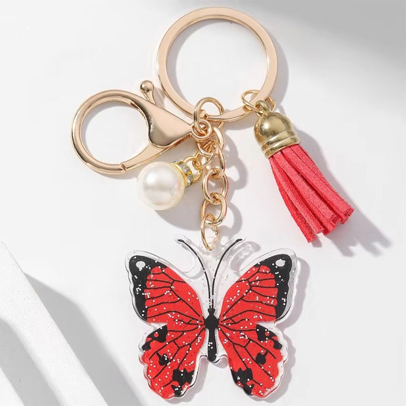 Wholesale Custom Printed Keychain Luxury Lobster Clasp Pearl Butterfly Pendant Cartoon Style Bag Car Acrylic Keychain Tassel