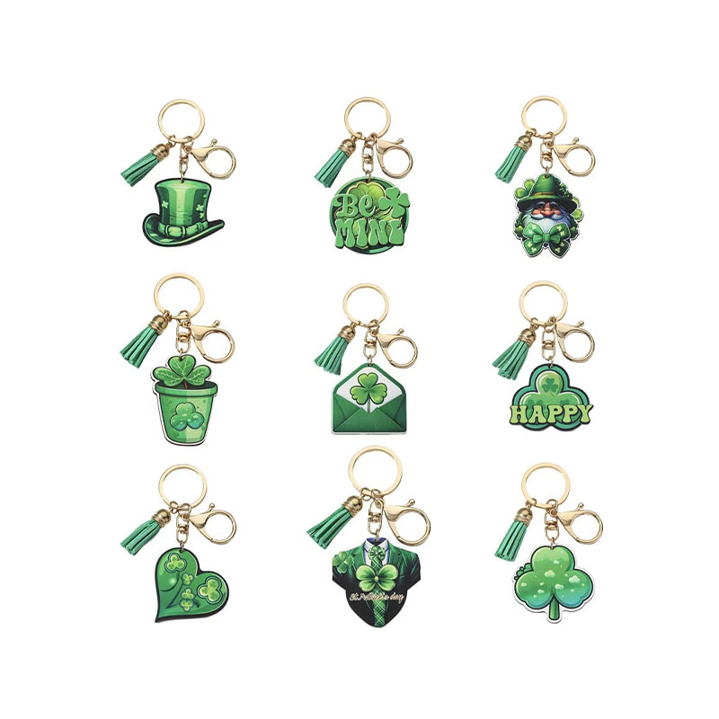 Hot Selling New Fashion Pendant St. Patrick's Day Lucky Clover and Grass Keychain Acrylic Wooden Keyring with Cartoon Style