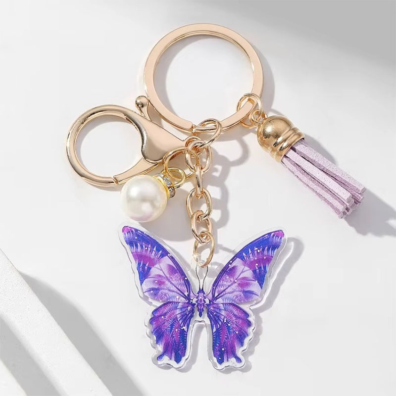 Wholesale Custom Printed Keychain Luxury Lobster Clasp Pearl Butterfly Pendant Cartoon Style Bag Car Acrylic Keychain Tassel