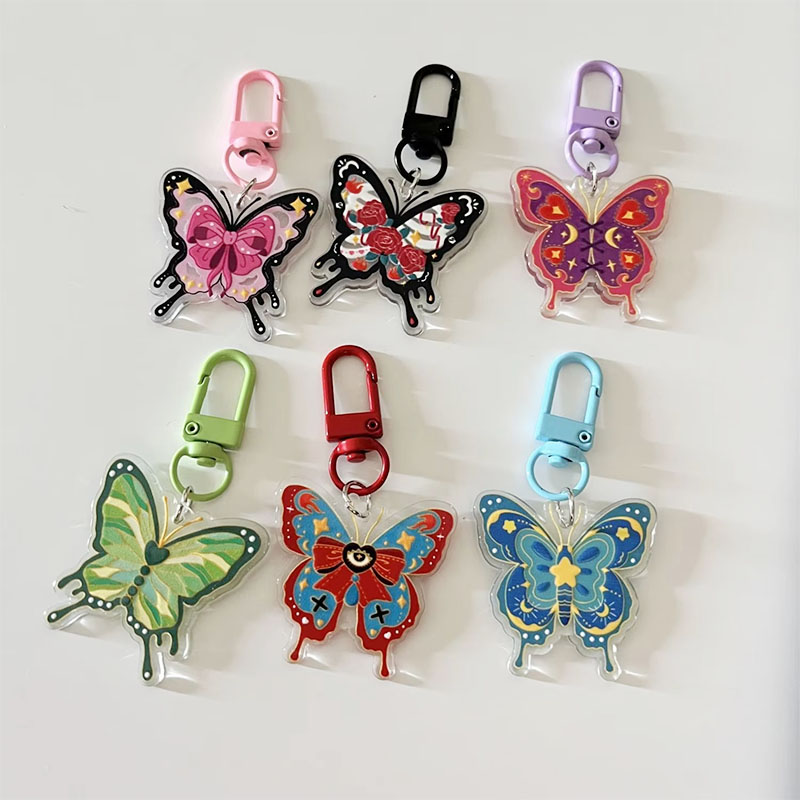 Wholesale Custom Printed Keychain Luxury Lobster Clasp Pearl Butterfly Pendant Cartoon Style Bag Car Acrylic Keychain Tassel