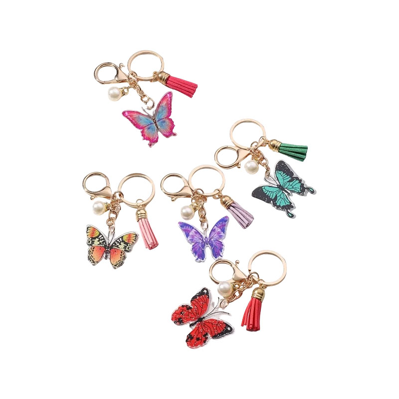 Wholesale Custom Printed Keychain Luxury Lobster Clasp Pearl Butterfly Pendant Cartoon Style Bag Car Acrylic Keychain Tassel